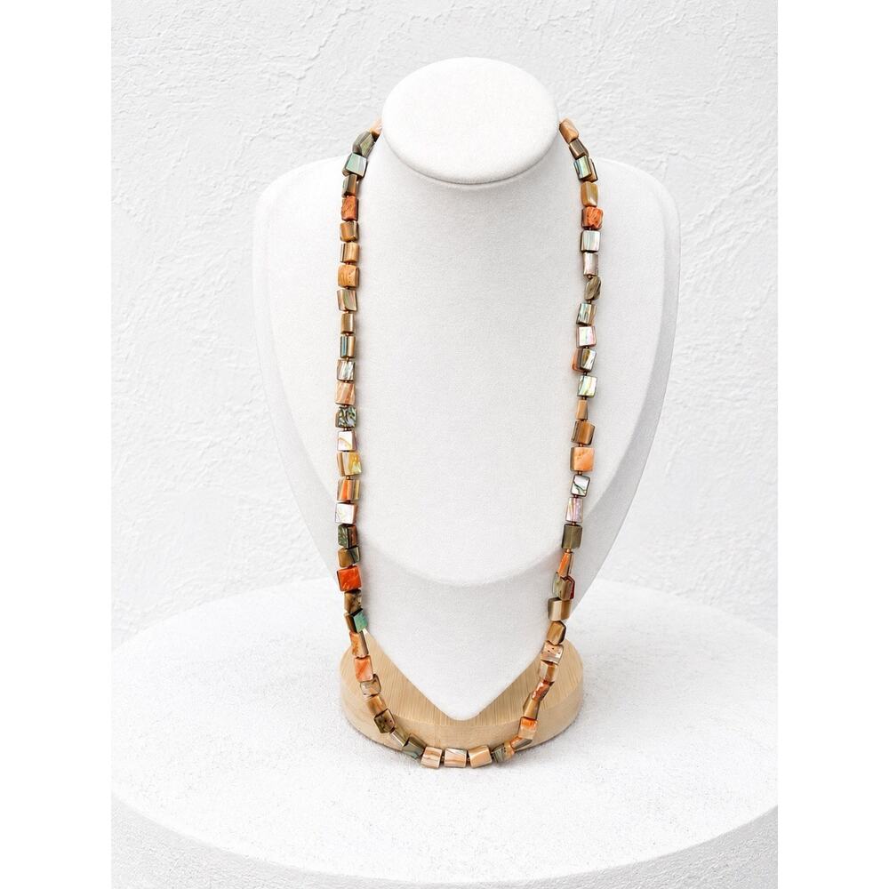 Vintage Abalone & Mother Of Pearl Shell Bead Necklace 27” Iridescent Boho Earthy